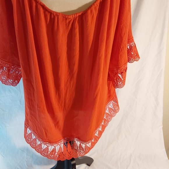 Cato Women Plus Crocheted Trim Top. Orange on or off shoulder Top - Picture 6 of 9